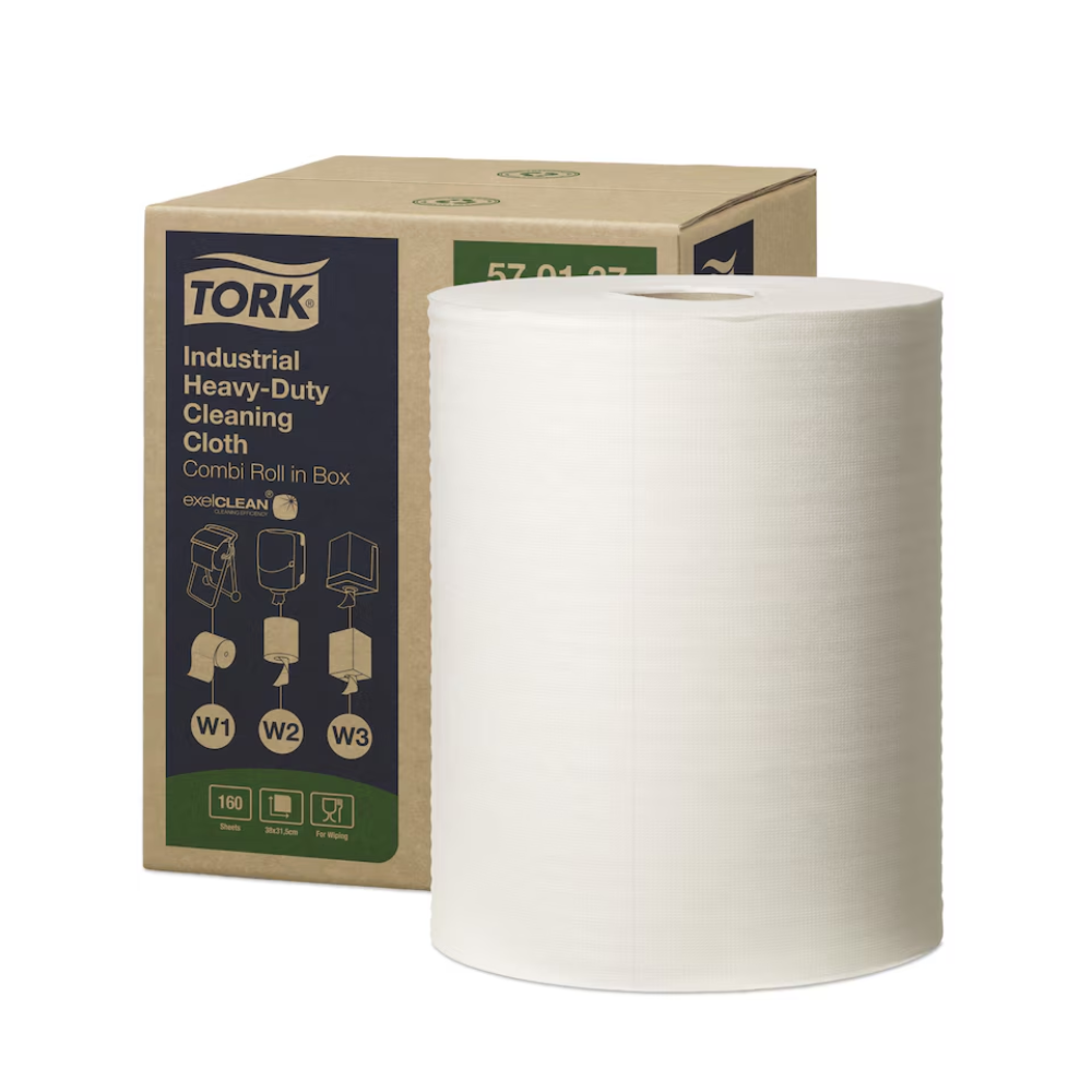 A large roll of Tork 570137 Extra Strong Industrial Cleaning Cloths W1 W2 W3 1-ply, ideal for degreasing tasks, stands in front of its cardboard packaging. The box from TORK – Essity Professional Hygiene Germany GmbH shows images and labels highlighting the versatile use of these reusable cleaning cloths.