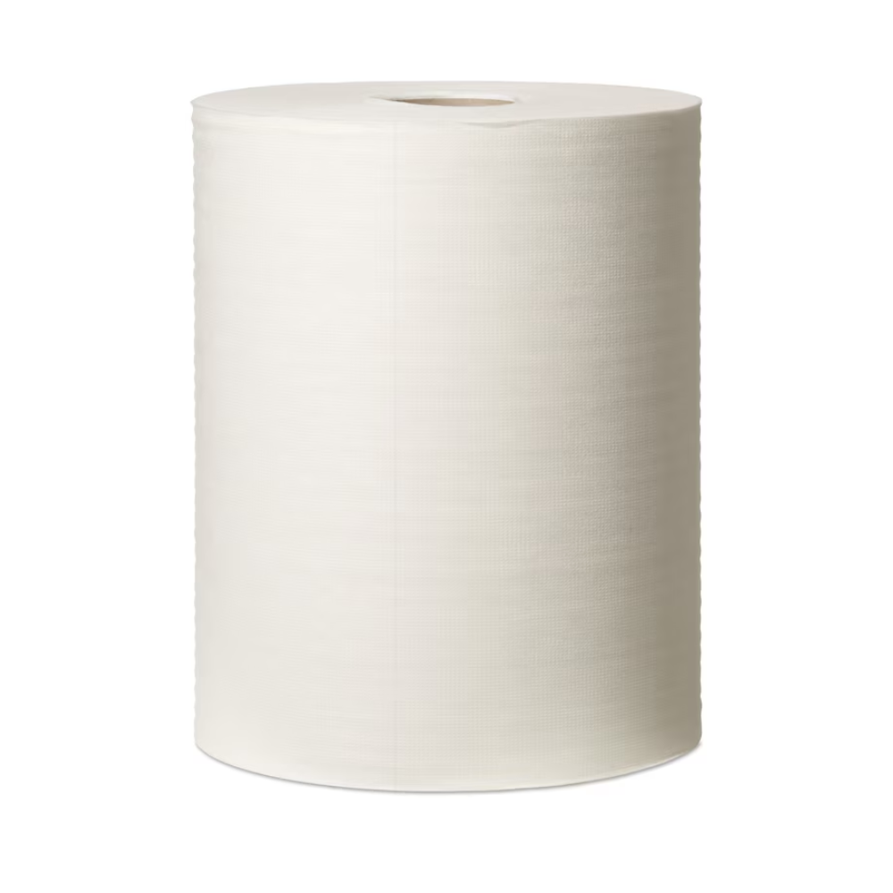 A large roll of Tork 570137 Extra Strong Industrial Cleaning Cloths, positioned vertically against a solid color background, resembles reusable wipes. The cylindrical roll has a textured surface with a visible hollow core at the top, ideal for industrial cleaning applications.