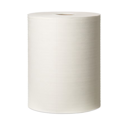 A large roll of Tork 570137 Extra Strong Industrial Cleaning Cloths, positioned vertically against a solid color background, resembles reusable wipes. The cylindrical roll has a textured surface with a visible hollow core at the top, ideal for industrial cleaning applications.