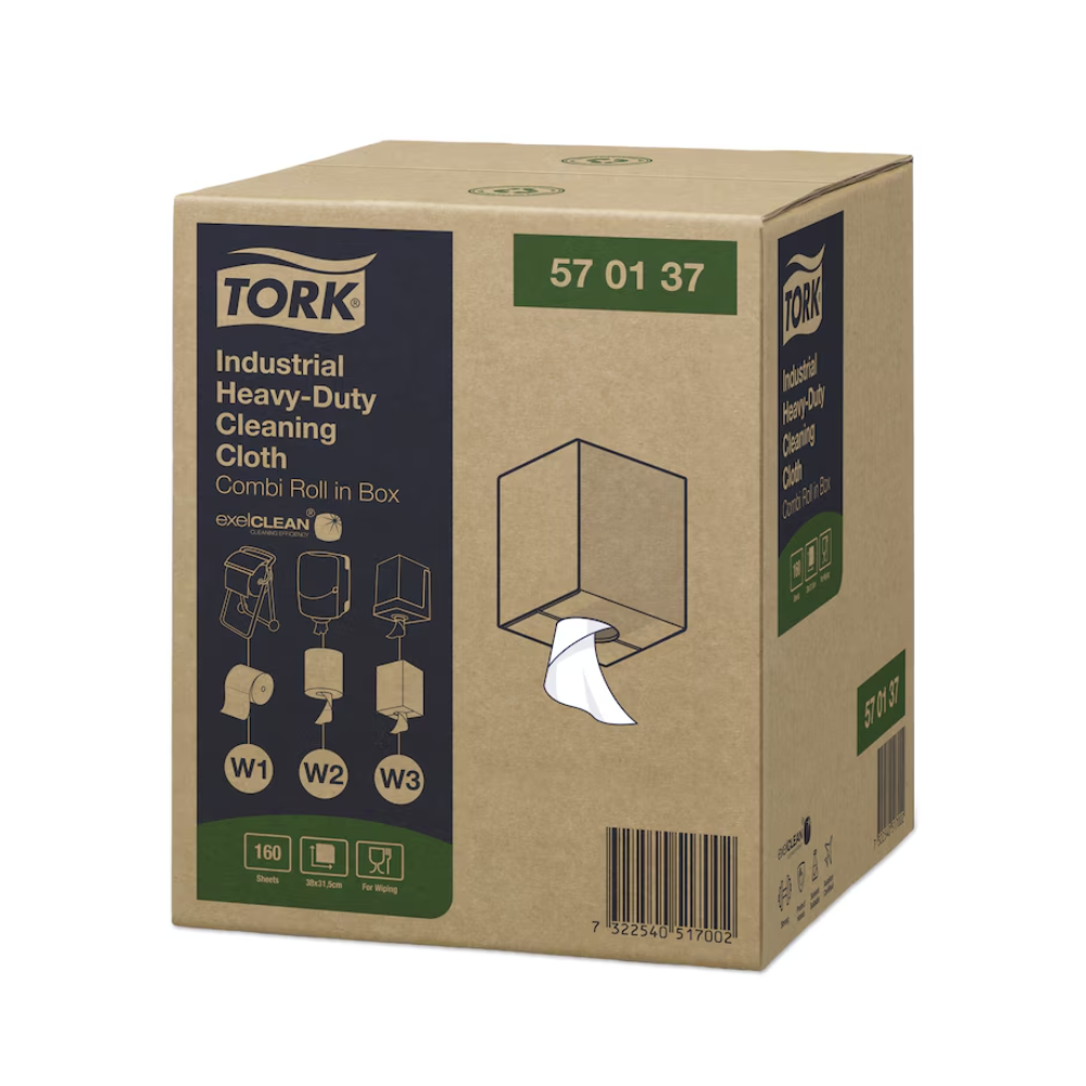 Displayed is a box with Tork 570137 Extra Strong Industrial Cleaning Cloths W1 W2 W3 1-ply, manufactured by TORK – Essity Professional Hygiene Germany GmbH. The box contains product details and images of cloth dispensing methods, with a piece of the cleaning cloth protruding from a slot – ideal for degreasing tasks.