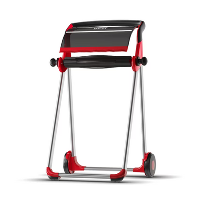 The Tork 652008 roll dispenser floor stand Performance W1 from TORK - Essity Professional Hygiene Germany GmbH is a foldable, red-black roll stand with wheels, perfect for holding and rolling gift wrap. This mobile dispenser features a compact design with a serrated edge for convenient cutting and offers elegant performance.