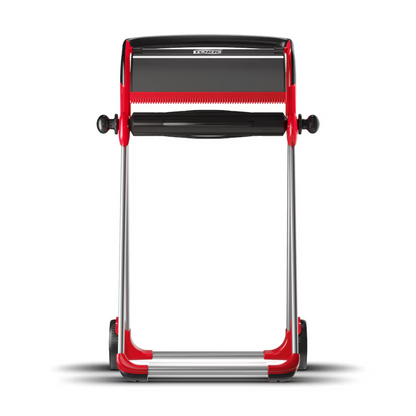 The Tork 652008 roll dispenser floor stand Performance W1 from TORK – Essity Professional Hygiene Germany GmbH impresses with a red-black frame that emphasizes its performance-oriented design. It features a cylindrical component and two wheels for easy movement as well as a handlebar for precise steering.