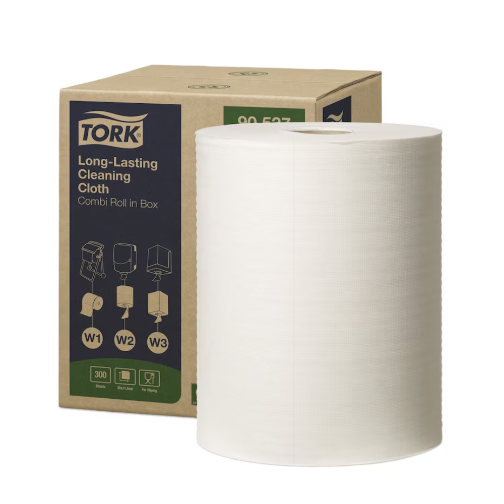 A large roll of Tork 90537 Durable Cleaning Cloths Premium W1 W2 W3 is displayed on the front of the packaging box. It features images and texts highlighting the cloth's absorbency and compatibility with various dispensers.