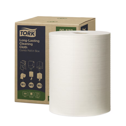 A large roll of Tork 90537 Durable Cleaning Cloths Premium W1 W2 W3 is displayed on the front of the packaging box. It features images and texts highlighting the cloth's absorbency and compatibility with various dispensers.