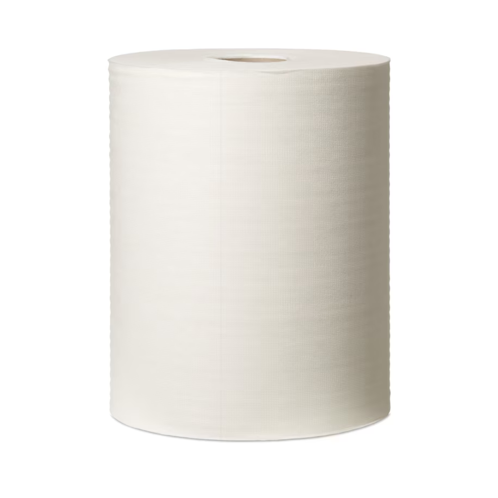 A large, vertical roll of white Tork 90537 Durable Cleaning Cloths Premium is centered against a plain white background. The cloth from TORK – Essity Professional Hygiene Germany GmbH is lint-free with a smooth texture, and the end of the roll is evenly cut.
