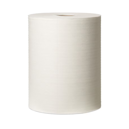 A large, vertical roll of white Tork 90537 Durable Cleaning Cloths Premium is centered against a plain white background. The cloth from TORK – Essity Professional Hygiene Germany GmbH is lint-free with a smooth texture, and the end of the roll is evenly cut.
