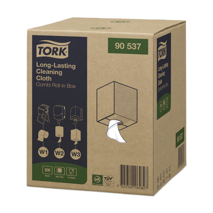 A carton of Tork 90537 Durable Cleaning Cloths Premium W1 W2 W3 from TORK – Essity Professional Hygiene Germany GmbH, with product details and instructions for use. The dispenser opening reveals a white, lint-free cleaning cloth, with the model number 90537 clearly visible on the top and side.