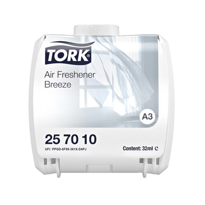 The Tork Continuous Air Freshener from TORK – Essity Professional Hygiene Germany GmbH, labeled as "Air Freshener Breeze" with the code "25 70 10", features a fill level indicator and is packaged showing a white curtain gently blowing in the wind, containing 32 ml of product.