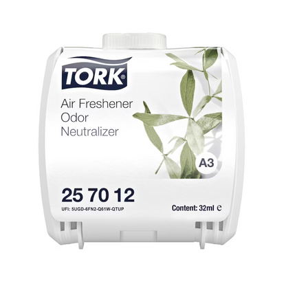 Image of a Tork Continuous Air Freshener dispenser from TORK – Essity Professional Hygiene Germany GmbH with a capacity of 32 ml. The label features a design with green leaves and the number 25 70 12, highlighting the effective odor-neutralizing properties of the dispenser.