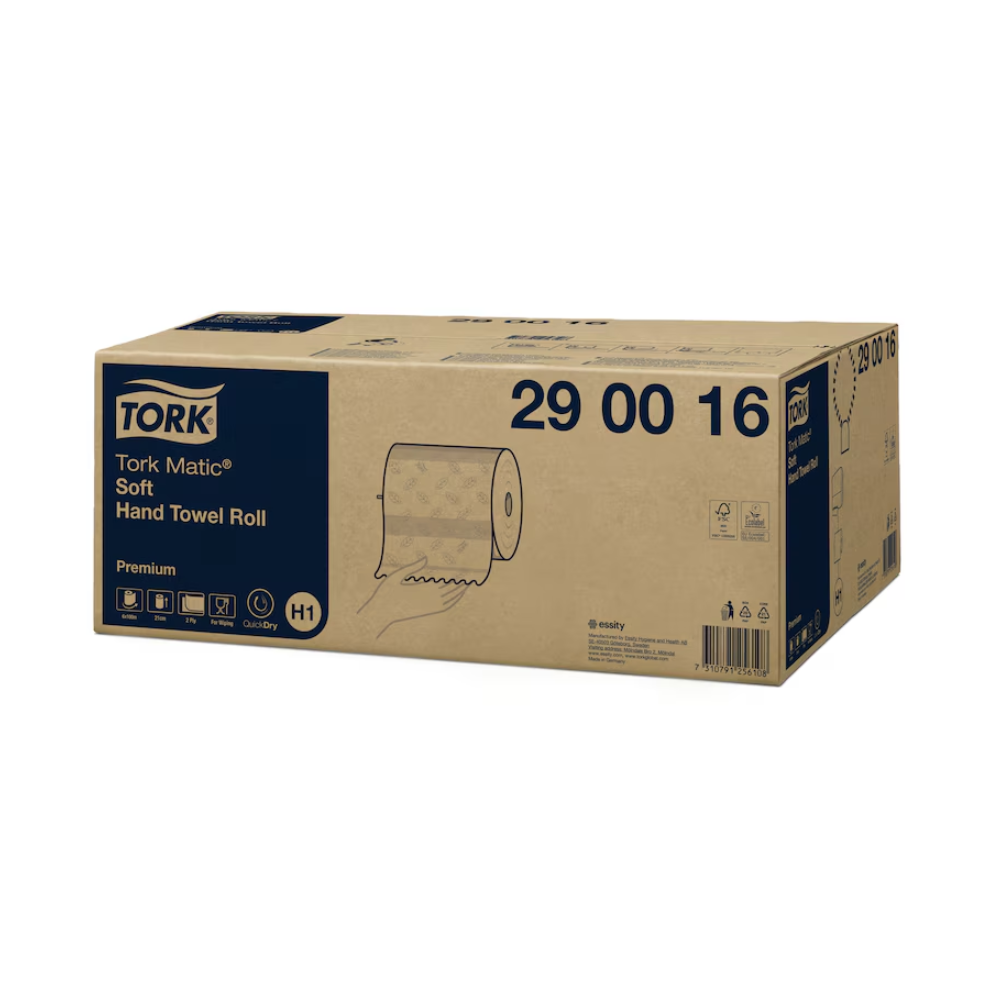 A carton with Tork Matic® 290016 soft roll towel Premium H1 2-ply | Carton (6 rolls) by TORK – Essity Professional Hygiene Germany GmbH, with highlighted product specifications and QuickDry™ symbols to emphasize the premium quality.