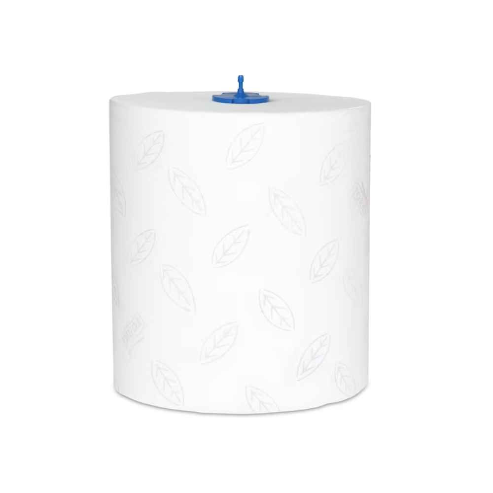 A large, white Tork Matic® 290016 soft roll towel Premium H1 2-ply with a subtle leaf pattern and a blue plastic dispenser cap in the center, designed for use in commercial or industrial dispensers. The TORK Premium H1 2-ply roll stands upright against a plain background.