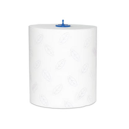 A large, white Tork Matic® 290016 soft roll towel Premium H1 2-ply with a subtle leaf pattern and a blue plastic dispenser cap in the center, designed for use in commercial or industrial dispensers. The TORK Premium H1 2-ply roll stands upright against a plain background.