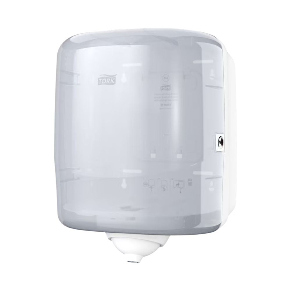 The Tork Reflex™ 473190 single sheet centerfeed dispenser M4, a transparent, wall-mounted paper towel dispenser from TORK – Essity Professional Hygiene Germany GmbH, features a round opening at the bottom. With a lock on the right side and the ability to hold a single roll, it helps minimize cross-contamination. Its CO2-neutral design prominently displays the brand name 'TORK' on the front and appeals to environmentally conscious users.