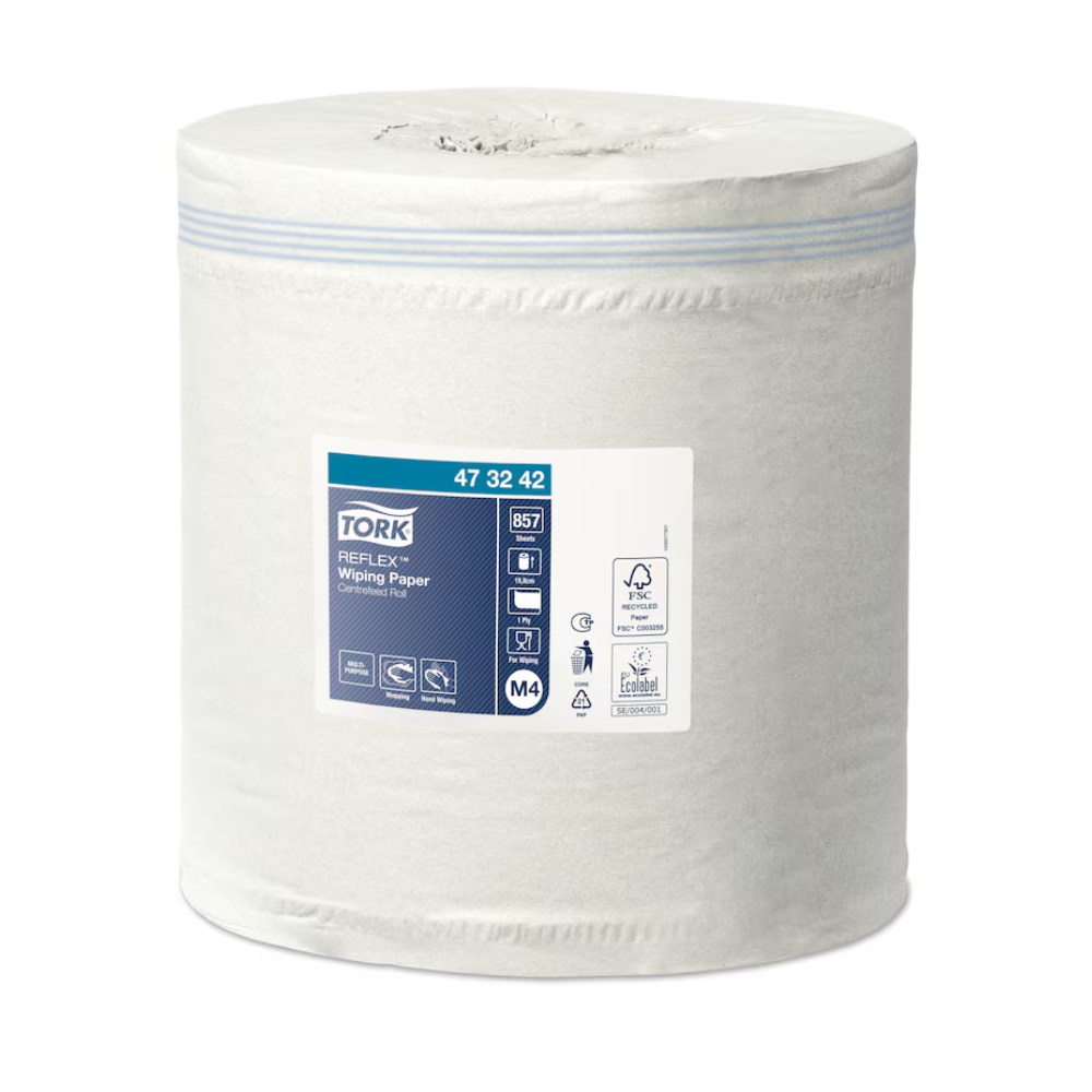 Presented is a large roll of Tork Reflex™ multipurpose paper towels Advanced M4 1-ply with a label containing product information such as the code 473242 and the M4 system designation. The label on the white paper includes symbols with usage instructions and is therefore ideal for internal roll dispensers.