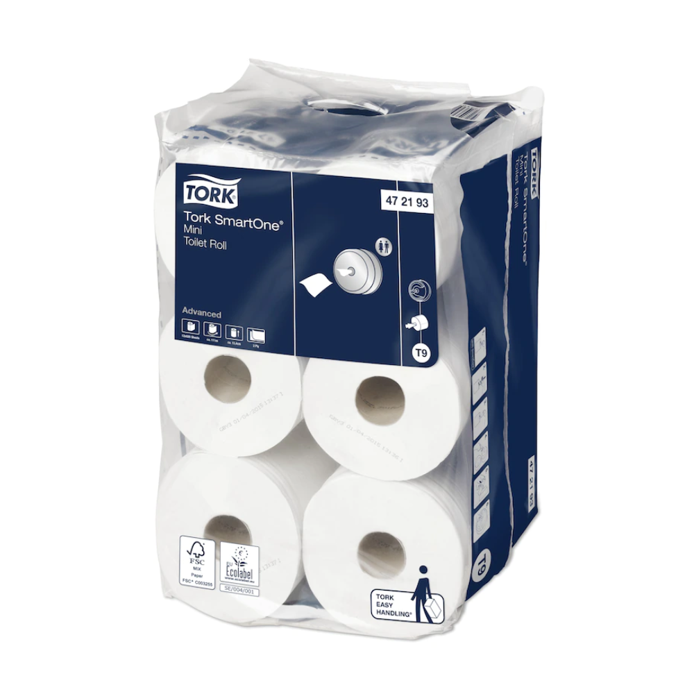 The packaging for Tork SmartOne® 472193 Mini Toilet Paper Advanced T9 2-ply, manufactured by TORK – Essity Professional Hygiene Germany GmbH, presents twelve rolls. The blue-white design emphasizes the hygienic single-sheet dispensing intended to reduce toilet paper consumption and clearly displays product information and roll images.
