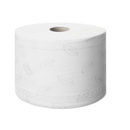 A Tork SmartOne® toilet paper roll with a subtle decorative leaf pattern is presented against a plain background. This product by TORK – Essity Professional Hygiene Germany GmbH offers hygienic single sheet dispensing and ensures that each sheet remains untouched and intact.
