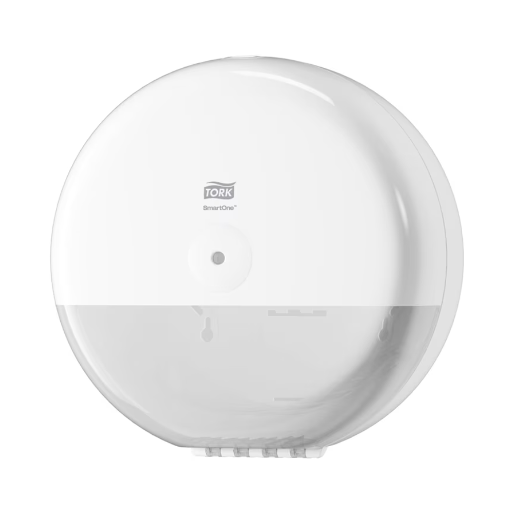The Tork SmartOne® 680000 toilet paper dispenser Elevation T8 from TORK – Essity Professional Hygiene Germany GmbH is a stylish white dispenser with a sleek, round design and a translucent front panel that presents the toilet paper inside. It features single sheet dispensing through a small opening and is designed for convenient wall mounting.