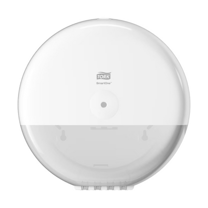 The Tork SmartOne® 680000 toilet paper dispenser Elevation T8 from Essity Professional Hygiene Germany GmbH features a wall-mounted white design with a round shape. It enables efficient single sheet dispensing and highlights the Tork logo on the front as well as a central opening for dispensing toilet paper.