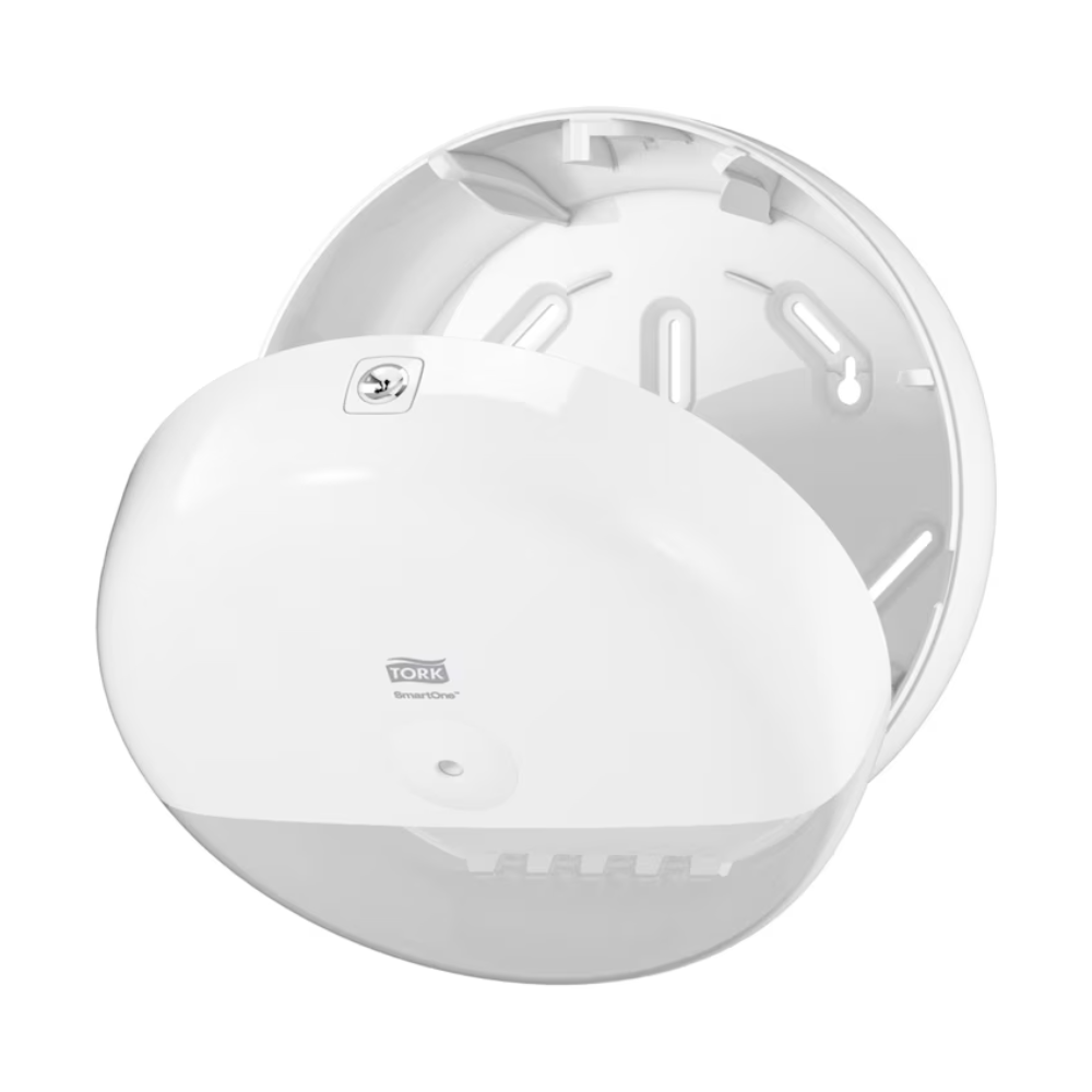 The Tork SmartOne® 680000 toilet paper dispenser Elevation T8, manufactured by TORK – Essity Professional Hygiene Germany GmbH for single sheet dispensing, is shown open and empty, revealing its round design and top lock. Inside, there are hooks and compartments for holding toilet paper rolls.