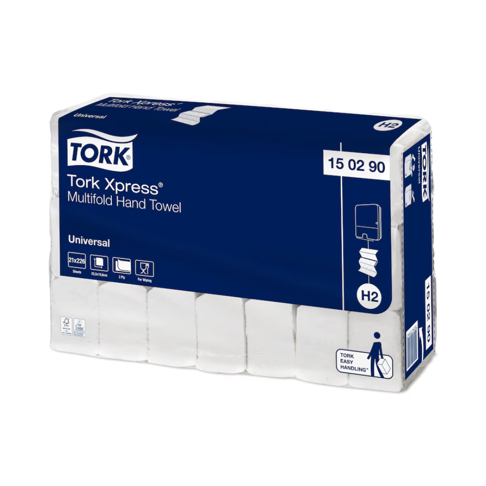 A pack of Tork Xpress® 150290 Multifold Hand Towels labeled "Universal H2" contains product details and specifications on the blue-white exterior. Symbols on the front highlight the use and compatibility and emphasize the brand TORK - Essity Professional Hygiene Germany GmbH.