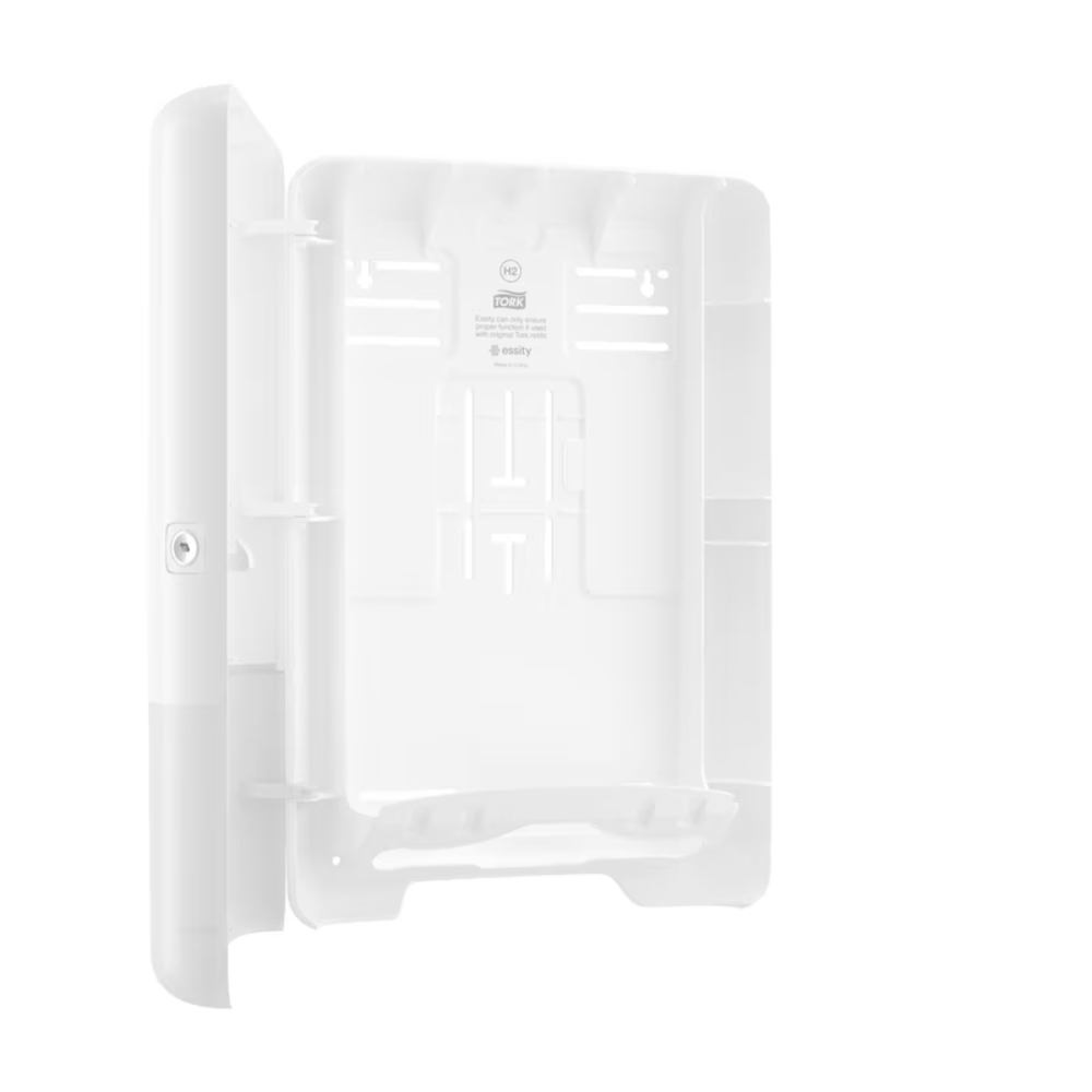 The Tork Xpress® 552000 dispenser for Multifold Hand Towels H2 by Essity Professional Hygiene Germany GmbH is a white, open, rectangular plastic housing with a hinged door and several mounting slots inside, specifically designed for Tork Xpress products. It features a keyhole on the left side for security and has several small brackets inside for efficient organization of cables or components.