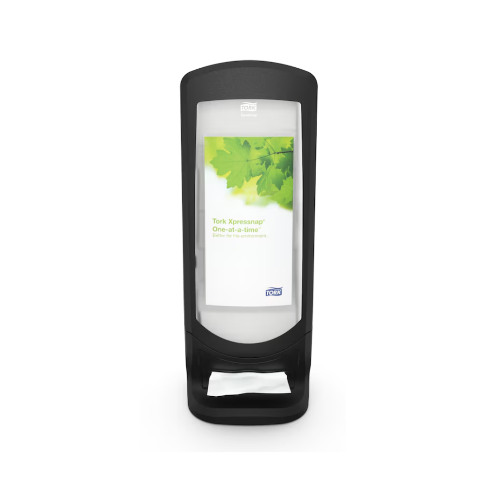 The Tork Xpressnap® 272211 Stand and Wall Dispenser N4 from TORK - Essity Professional Hygiene Germany GmbH is a black, free-standing dispenser with a transparent front featuring a green leaf design and the word 'Single'. This hygiene improvement product ensures easy access to napkins, which are conveniently arranged at the front opening.