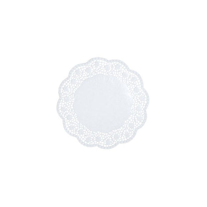 The PAPSTAR round, white doilies from PAPSTAR GmbH are round, white doilies with an intricate lace-like edge pattern on a plain white background, ideal for presenting pastries.