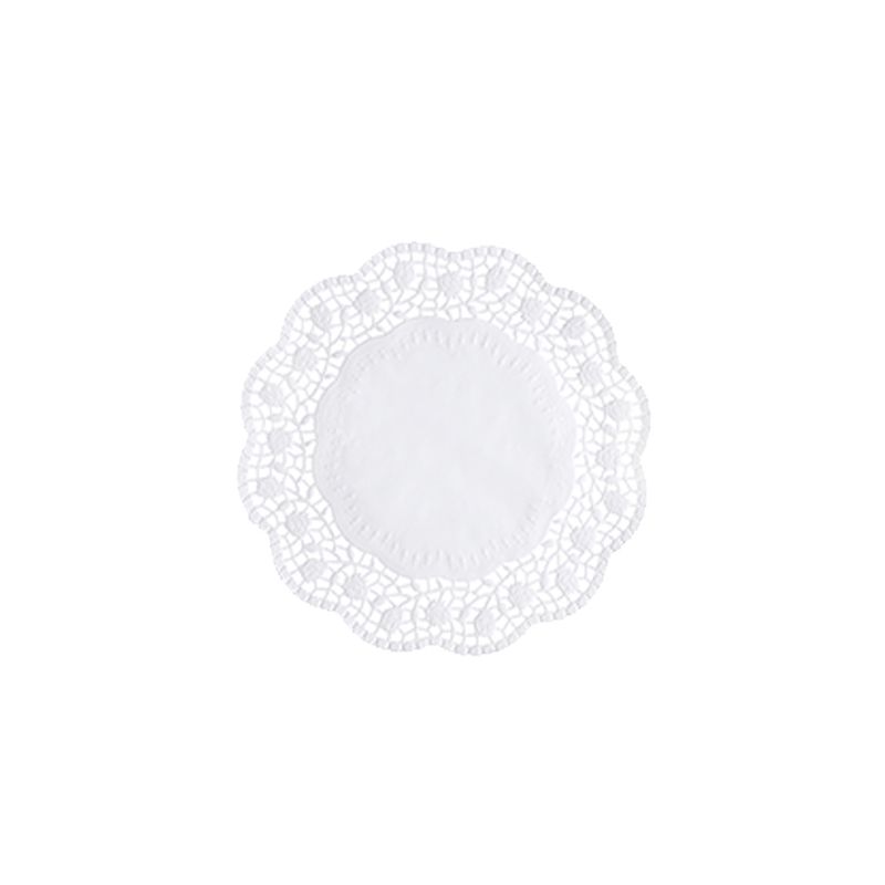 The PAPSTAR round, white doilies from PAPSTAR GmbH are characterized by an intricate lace pattern on the edges on a plain white background, making them perfect for presenting delicious pastries.