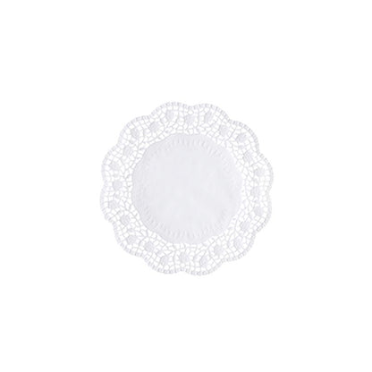 The PAPSTAR round, white doilies from PAPSTAR GmbH are characterized by an intricate lace pattern on the edges on a plain white background, making them perfect for presenting delicious pastries.