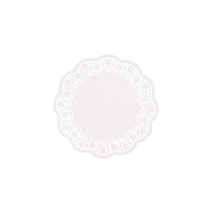 A round, white doily from PAPSTAR GmbH with an intricate lace-like pattern on the edges, reminiscent of traditional doilies, on a plain white background. The product is called PAPSTAR round, white doilies.