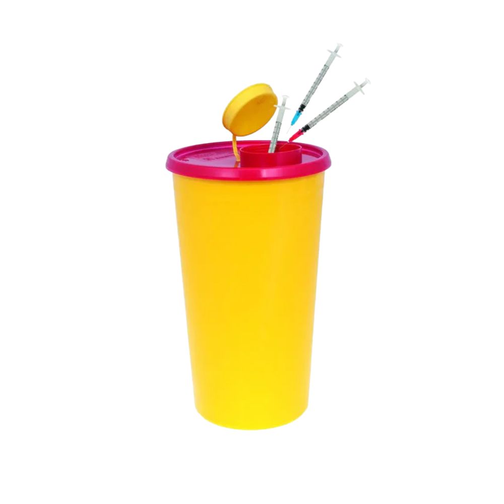 Pictured is a yellow Multi-Safe twin plus plastic disposal container from Meditrade GmbH with a red lid and three syringes inside. For the disposal of cannulas, it is important to prevent needlestick injuries through the safe disposal of medical needles and sharp objects.