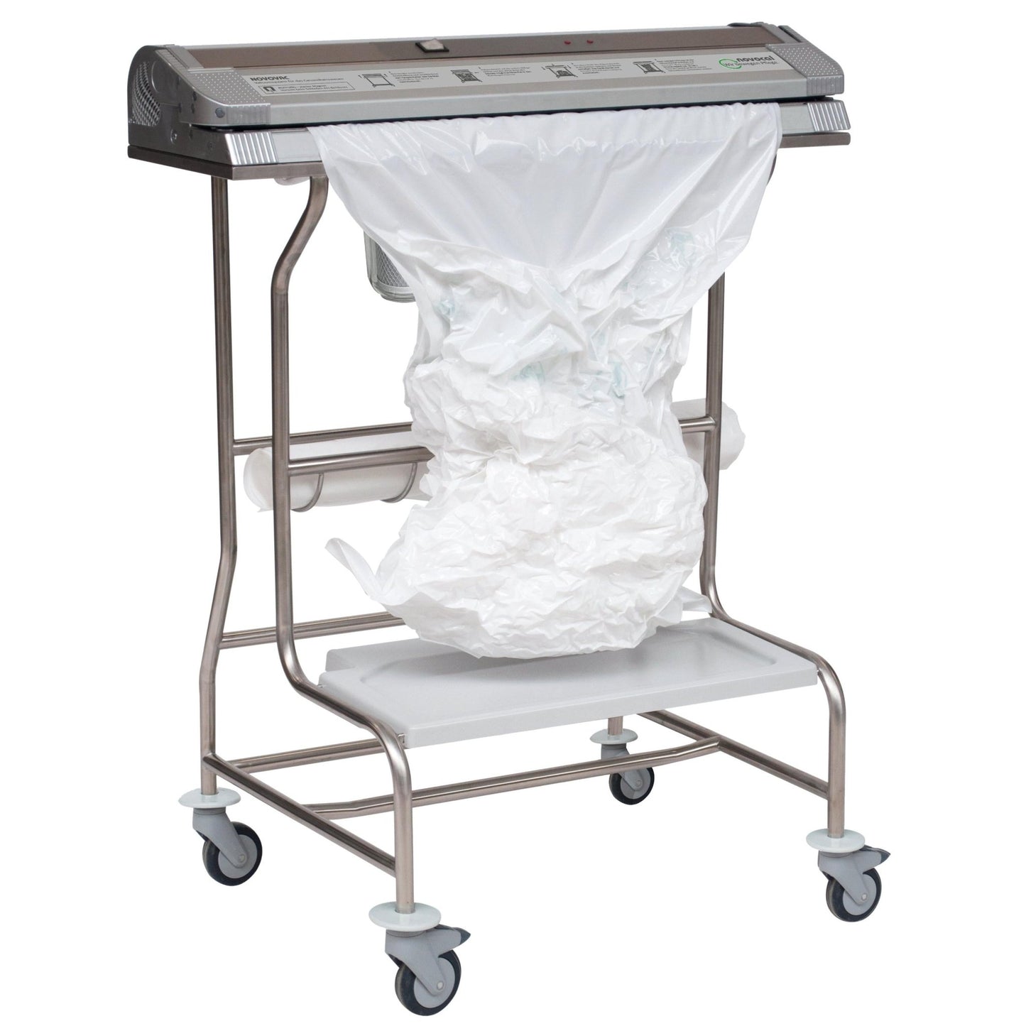 A medical disposal cart made of metal on wheels holds a large transparent Novocal vacuum bag for Novovac01 (620 x 1000 mm) and features a control panel on the top as well as a lower shelf for additional bags. Brand: Novocal.