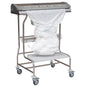 A medical disposal cart made of metal on wheels holds a large transparent Novocal vacuum bag for Novovac01 (620 x 1000 mm) and features a control panel on the top as well as a lower shelf for additional bags. Brand: Novocal.