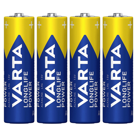 Four Varta AG Industrial Pro Mignon AA batteries arranged vertically in a row, with blue and yellow brand labels.