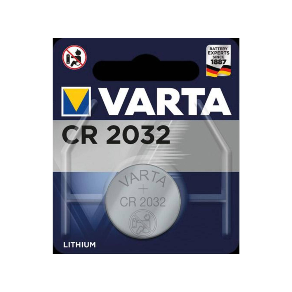 Packaging for a Varta AG CR2032 3V lithium button cell, with the brand logo and battery model clearly visible, as well as the No-Baby logo in the upper left corner.