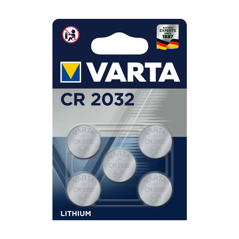 A blister card with five Varta AG CR2032 3V lithium button cells, each clearly displaying the brand and battery model. The packaging features a 'Since 1887' badge and a function to lock access from children.