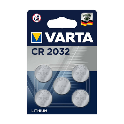 A blister card with five Varta AG CR2032 3V lithium button cells, each clearly displaying the brand and battery model. The packaging features a 'Since 1887' badge and a function to lock access from children.