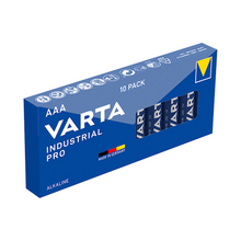 A blue, rectangular box with the inscription "Varta Industrial Pro Micro Battery 4003 LR03 AAA, 10 pieces" from Varta AG, made in Germany, has a window showing four of the batteries for professional use.
