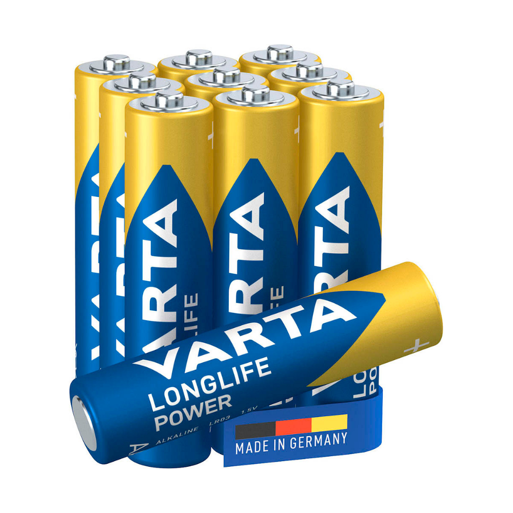 A pack of ten batteries of the type Varta AG Industrial Pro Micro AAA (4003 LR03) is displayed standing upright, with one battery lying horizontally in front. These "discontinued item" batteries are marked with "Made in Germany" and come from Varta AG.