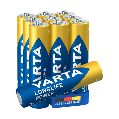 A pack of ten batteries of the type Varta AG Industrial Pro Micro AAA (4003 LR03) is displayed standing upright, with one battery lying horizontally in front. These "discontinued item" batteries are marked with "Made in Germany" and come from Varta AG.