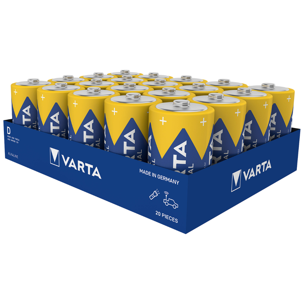 A pack of 20 Varta AG Industrial Pro Mono D batteries 4020 LR20 batteries, each with a yellow-blue design featuring the brand name and the text "Made in Germany", presented in a blue open box.