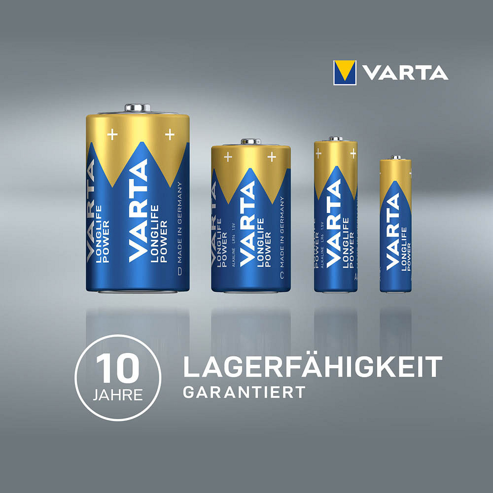 Four Varta Industrial Pro Mono D batteries in decreasing size are arranged in a row on a gray background, with the text "10 years shelf life guaranteed".