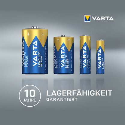 Four Varta Industrial Pro Mono D batteries in decreasing size are arranged in a row on a gray background, with the text "10 years shelf life guaranteed".
