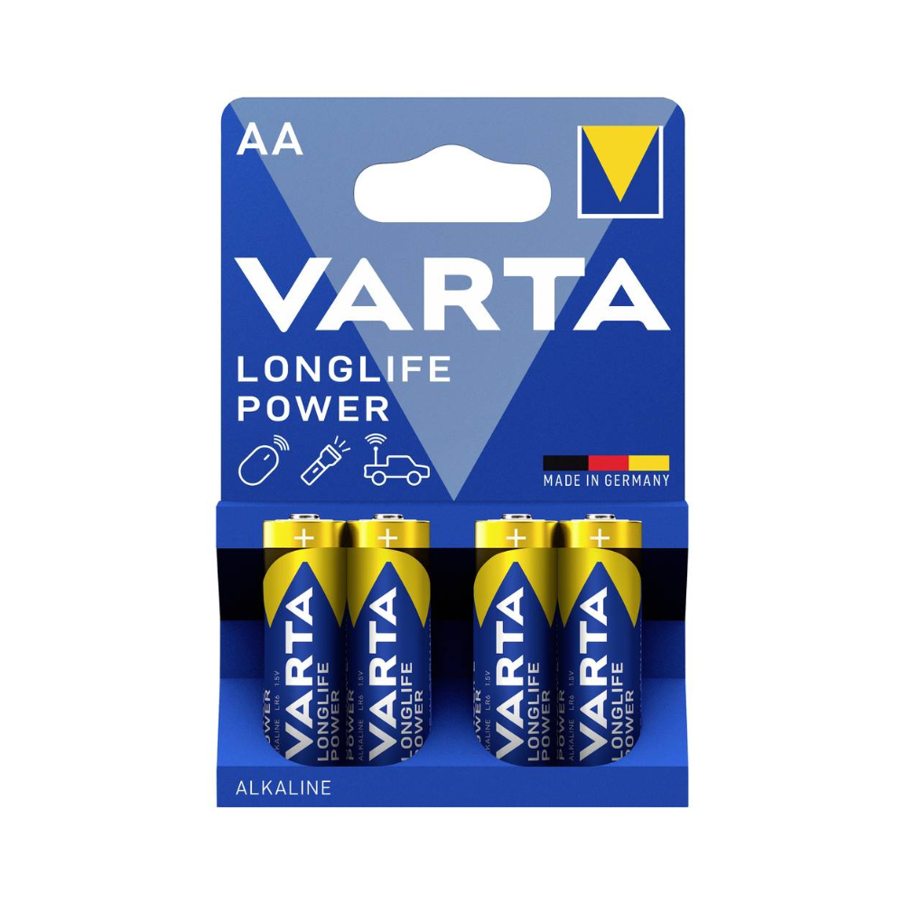 A 4-pack of Varta Longlife Power 4906 AA LR6 batteries from Varta AG in blue and yellow foil packaging - "Made in Germany" - with symbols for remote controls, cars, and toys; perfect for devices with high power consumption.