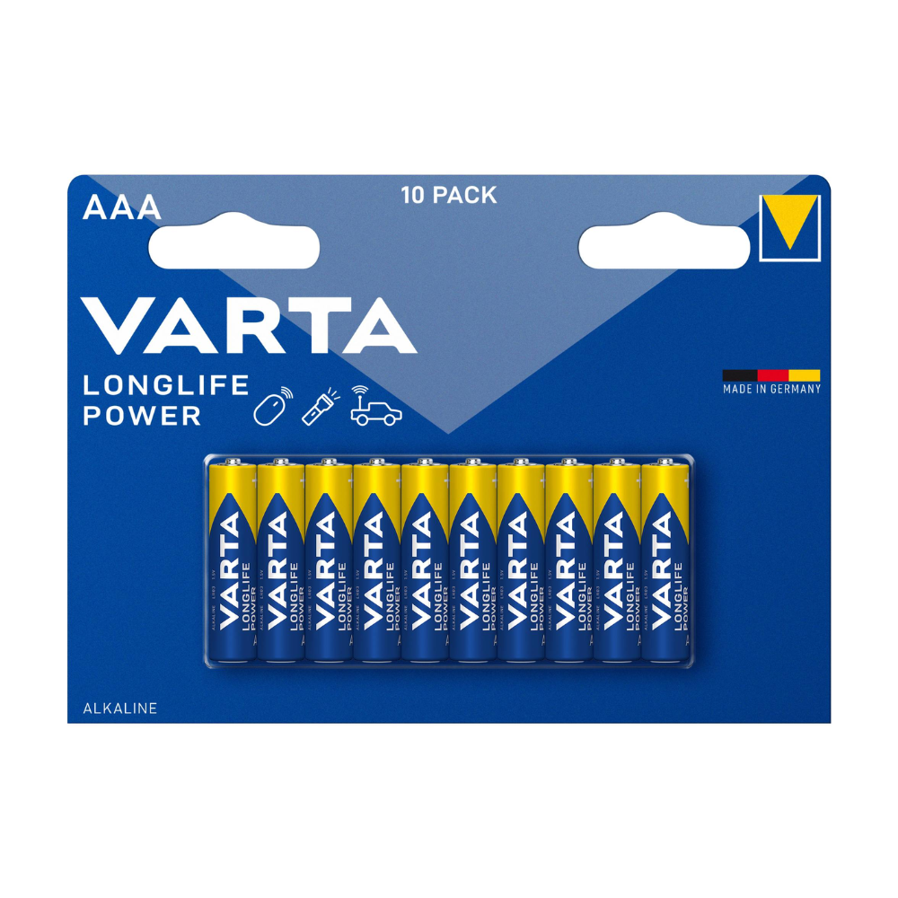 A 10-pack of Varta AG Longlife Power Micro AAA batteries, presented in a blue and yellow cardboard package, labeled with brand and battery size, designed for high energy demand.
