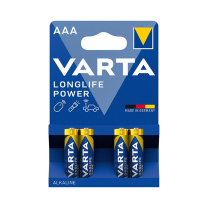 Packaging of the Varta Longlife Power Micro AAA Battery 4903 LR03 alkaline batteries from Varta AG with four horizontally stacked batteries, labeled as Made in Germany. The packaging is blue and white with bold lettering.
