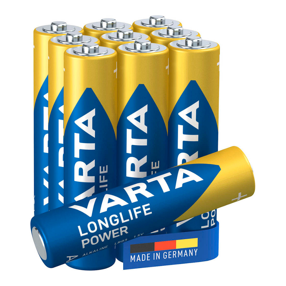 Six Varta Longlife Power Micro AAA batteries stacked on top of each other, one lying in front, with blue and yellow brand logo and the inscription "Made in Germany".