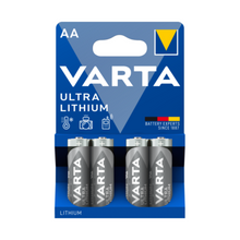Image of a Varta Ultra Lithium AA Battery | Pack (4 pieces). The blue packaging shows four AA lithium batteries, suitable for electronic devices and cameras, making them ideal for sports and outdoor use. The text reads "Battery experts since 1887" and features a yellow-blue triangle logo.
