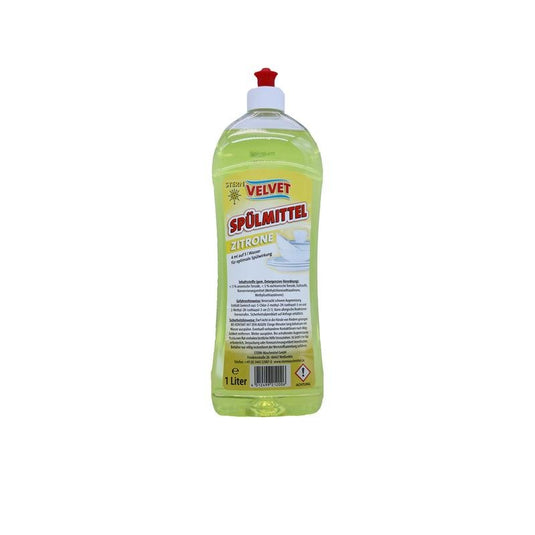 A 1-liter plastic bottle of Velvet dishwashing liquid, yellow, from the Stern Waschmittel GmbH with a red flip-top cap and a yellow label featuring product information in German.