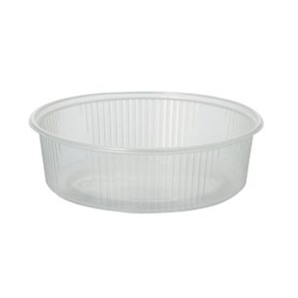 The Starpak 100 packaging cup is a clear, round 125 ml PP food container with a ribbed exterior, shown empty against a white background. Ideal from Starpak for versatile food packaging needs.